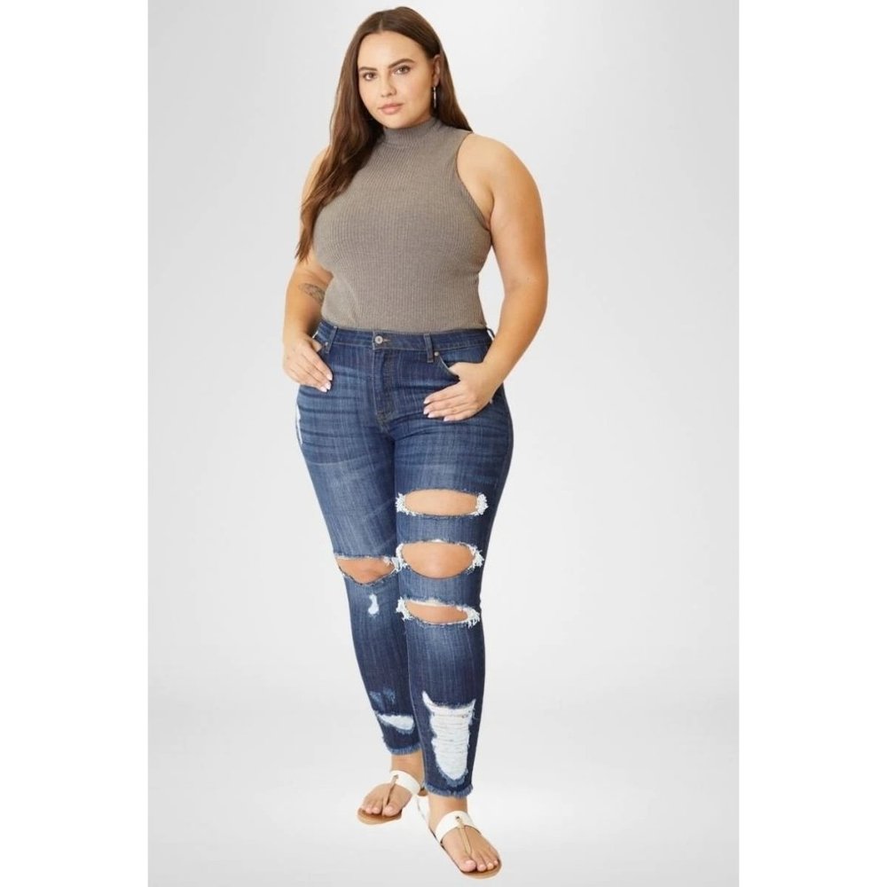 KanCan Penny Mid Rise Distressed Ankle Skinny Jean Womens XL Plus Size Blue NEW